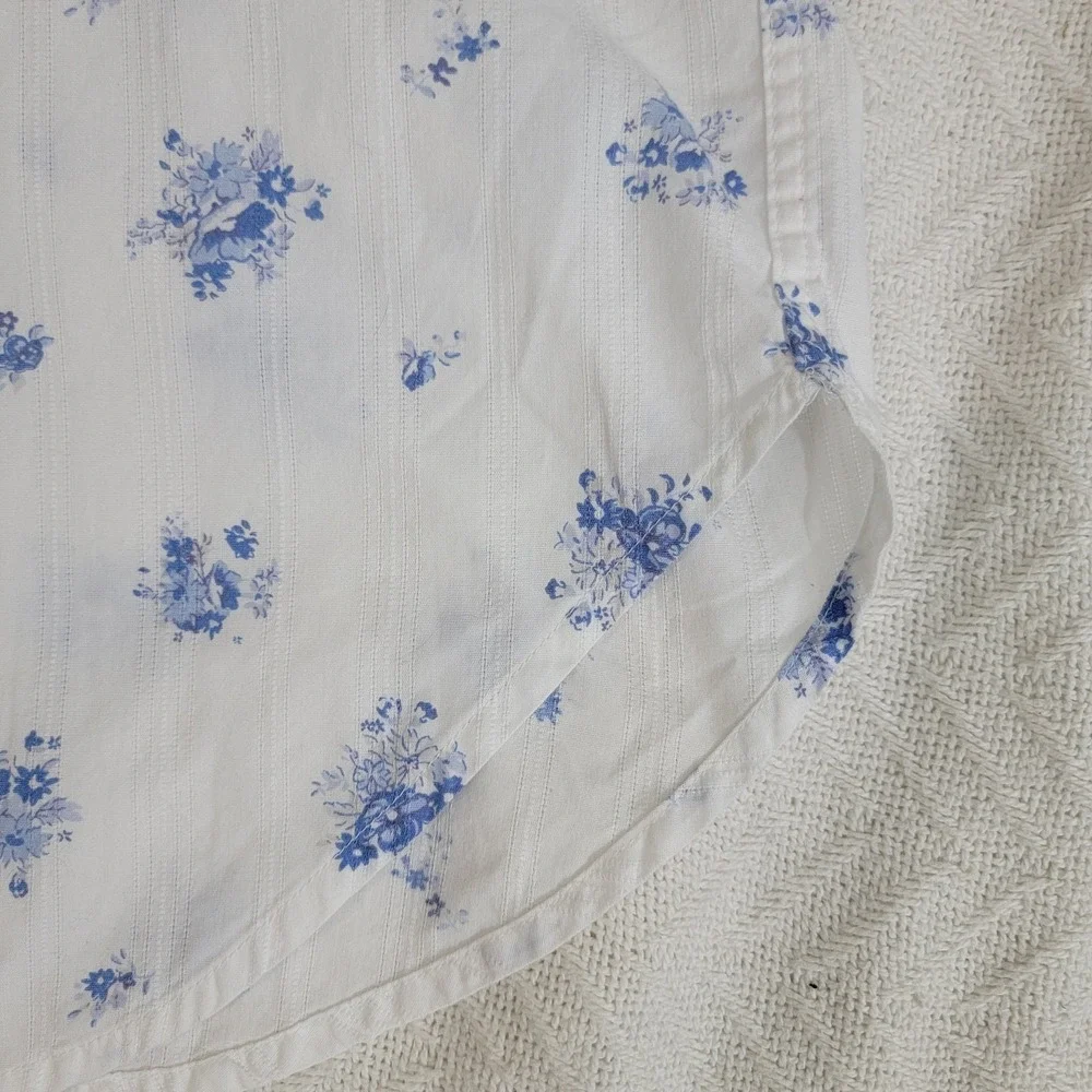 Bonsoir 100% Cotton Nightshirt Short Sleeve White Blue‎ Floral Button Front Sz L